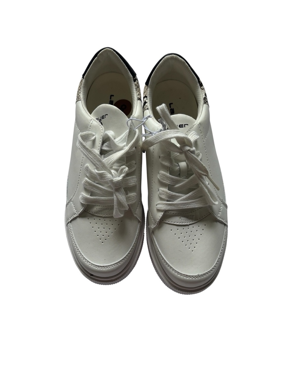 Layer 8 White Lace-Up Sneakers with Snake-Print Heel Accent NWOT